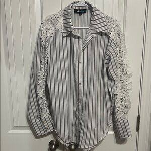 Alice + Olivia Black and White Striped Shirt with Lace Accents